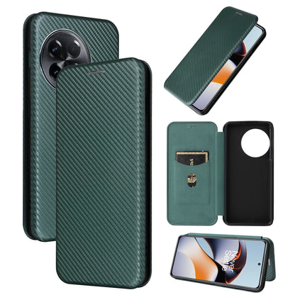 Green flip phone case with carbon fiber texture, front and side shown.