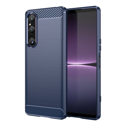 Blue phone case with brushed texture and carbon-fiber grip, cutouts for camera and ports