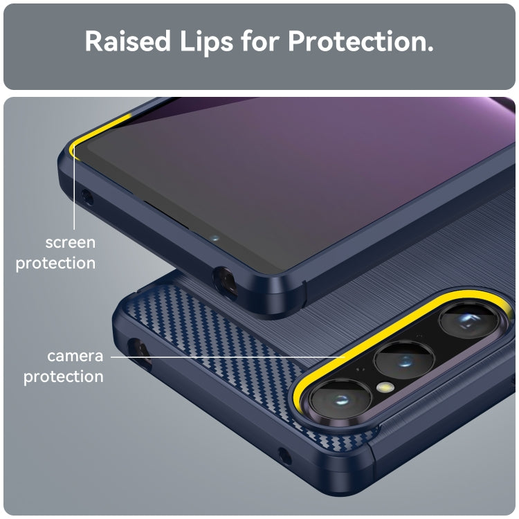 Blue phone case with brushed texture and raised lips for screen and camera protection
