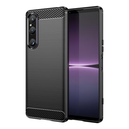 Black phone case with brushed texture and carbon-fiber corner trim, camera cutout