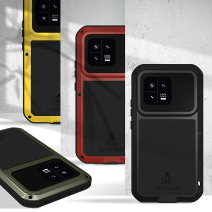 Rugged phone cases in yellow, red, and black with dual camera cutout