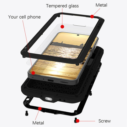 Rugged black phone case with tempered glass screen cover and metal frame