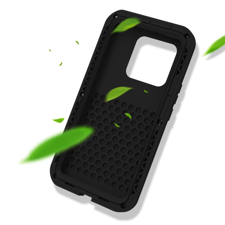 Rugged black phone case with honeycomb grip texture and large camera cutout