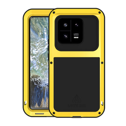 Rugged yellow phone case with metal shockproof frame and camera lens cutout