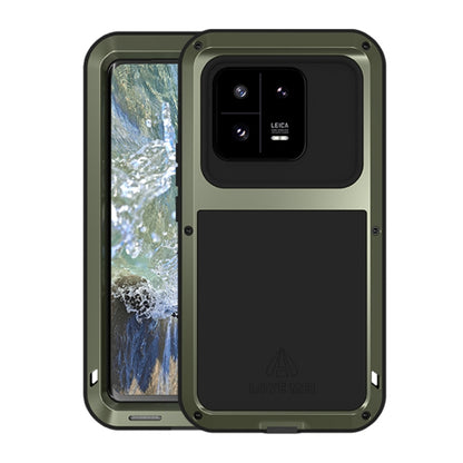 Rugged army green phone case with metal shockproof frame and camera lens cutout