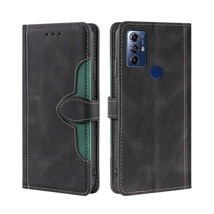 Black leather phone case with magnetic buckle and green inner card slot