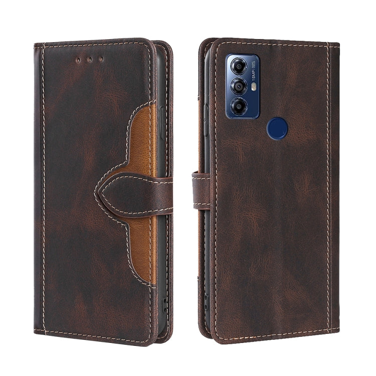 Brown leather phone case with magnetic buckle and dark trim card holder