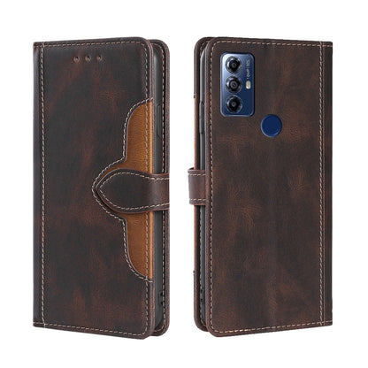 Brown leather phone case with magnetic buckle and dark trim card holder