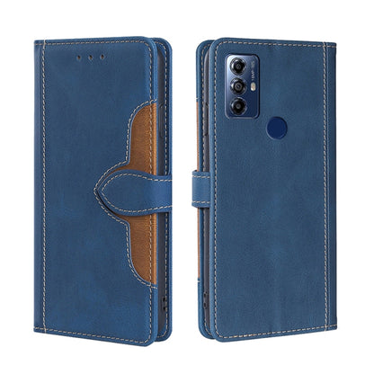 Blue leather phone case with magnetic buckle and brown inner card slot