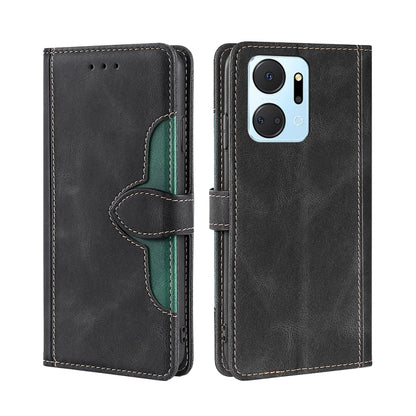 Black leather phone case with magnetic buckle and green inner card slot