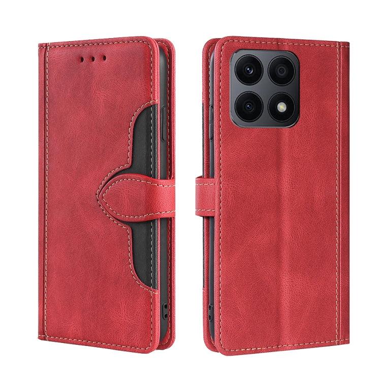 Red leather magnetic buckle phone case with flip cover and camera cutout