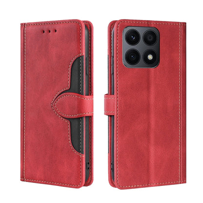 Red leather magnetic buckle phone case with flip cover and camera cutout