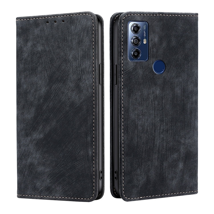 Black magnetic wallet phone case with card slots, stitching, and camera cutout.