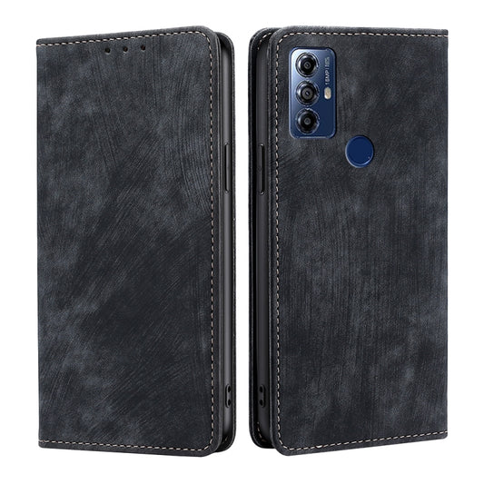 Black magnetic wallet phone case with card slots, stitching, and camera cutout.