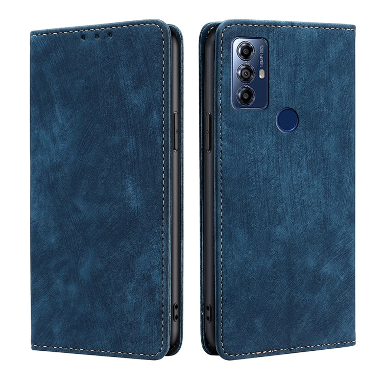 Blue magnetic wallet phone case with stitched edges and camera cutout.