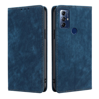 Blue magnetic wallet phone case with stitched edges and camera cutout.