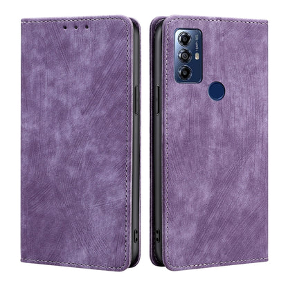 Purple magnetic wallet phone case with stitched edges and camera cutout.