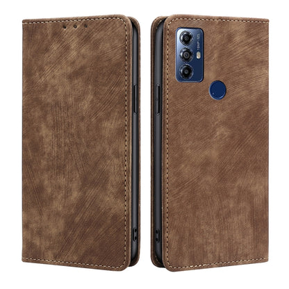 Brown magnetic wallet phone case with stitched edges and camera cutout.