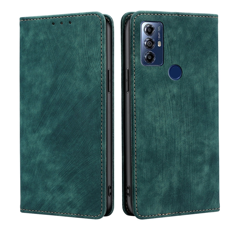 Green magnetic wallet phone case with stitched edges and camera cutout.
