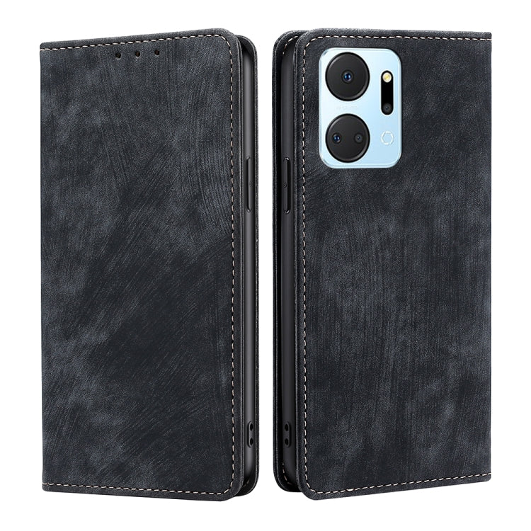 Magnetic leather phone case, black, front and back view with single camera cutout