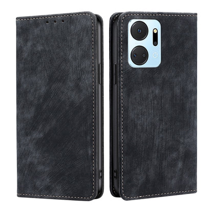 Magnetic leather phone case, black, front and back view with single camera cutout