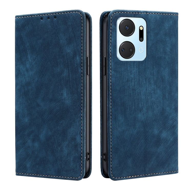 Magnetic leather phone case, blue, front and back view with single camera cutout