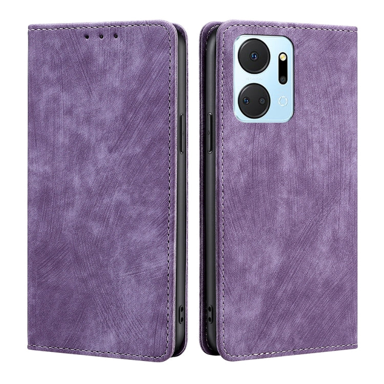 Magnetic leather phone case, purple, front and back view with single camera cutout