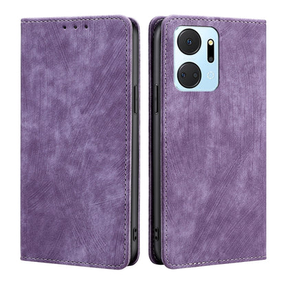 Magnetic leather phone case, purple, front and back view with single camera cutout