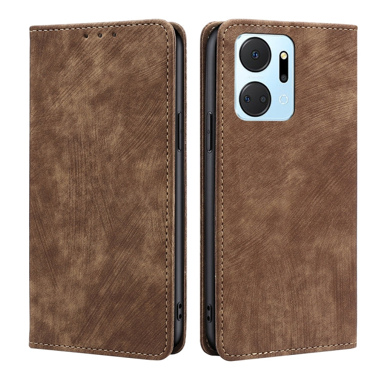 Magnetic leather phone case, brown, front and back view with single camera cutout