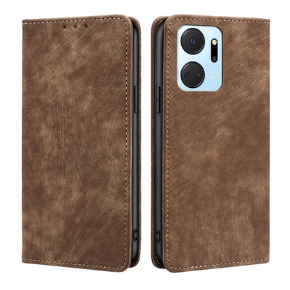 Magnetic leather phone case, brown, front and back view with single camera cutout