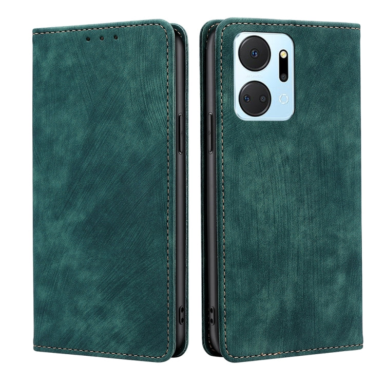 Magnetic leather phone case, green, front and back view with single camera cutout