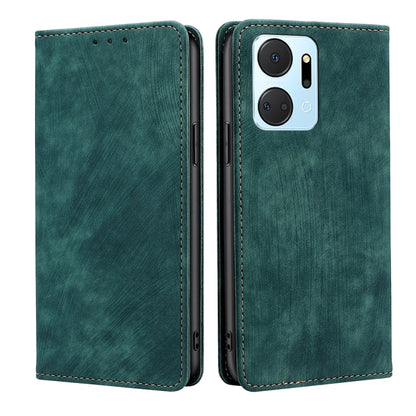 Magnetic leather phone case, green, front and back view with single camera cutout