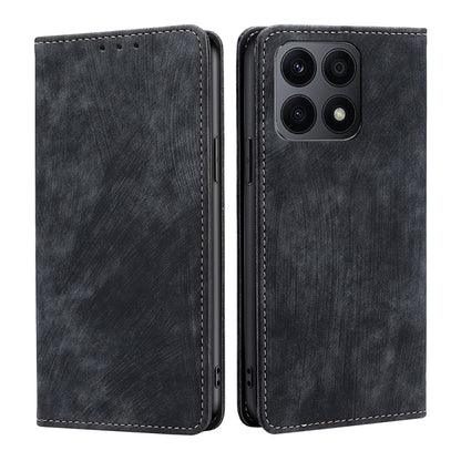 Magnetic leather phone case, dark gray/black, front and back view with quad camera cutout