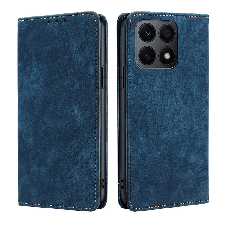 Magnetic leather phone case, blue, front and back view with quad camera cutout