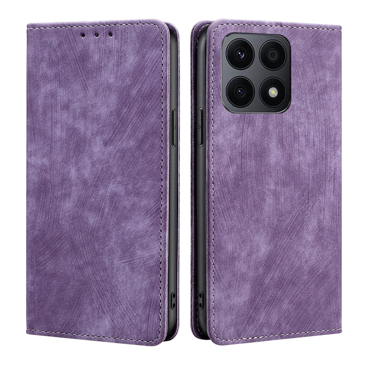 Magnetic leather phone case, purple, front and back view with quad camera cutout