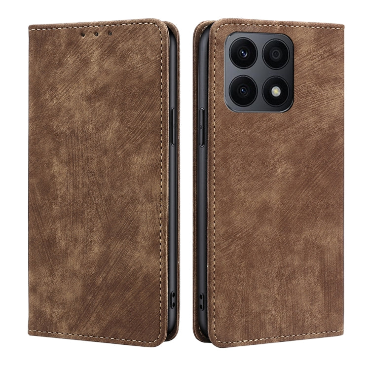 Magnetic leather phone case, brown, front and back view with quad camera cutout
