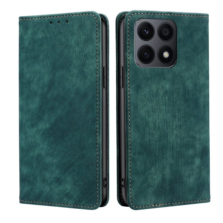 Magnetic leather phone case, green, front and back view with quad camera cutout