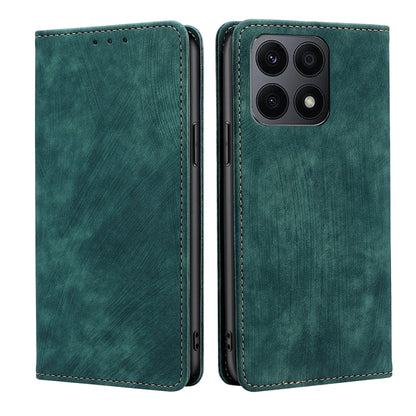 Magnetic leather phone case, green, front and back view with quad camera cutout