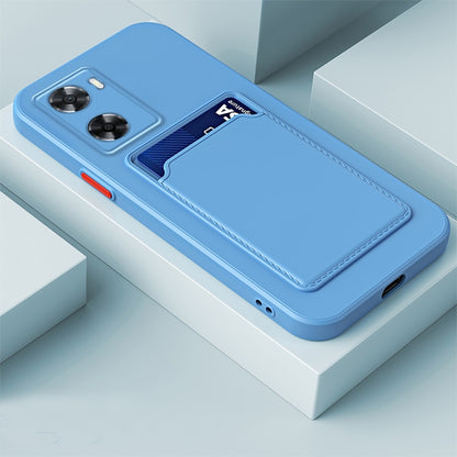 Sky blue TPU phone case with contrast card slot and button-style camera cutouts