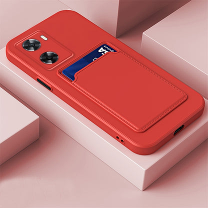 Red TPU phone case with contrast card slot and button-style camera cutouts