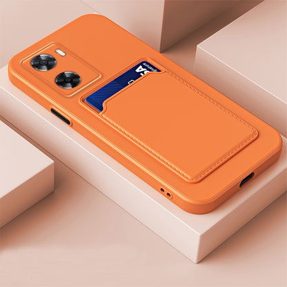 Orange TPU phone case with contrast card slot and button-style camera cutouts