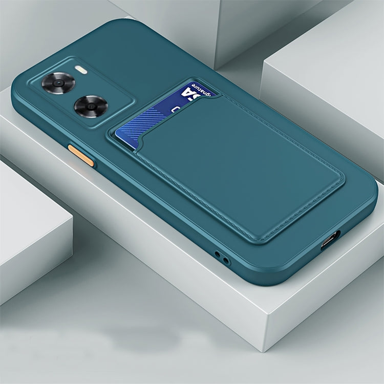 Dark green TPU phone case with contrast card slot and button-style camera cutouts