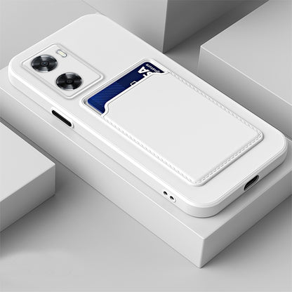 White TPU phone case with blue contrast card holder and camera cutouts.