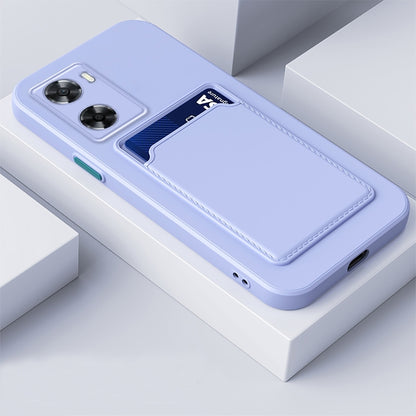 Lavender TPU phone case with blue contrast card holder and camera cutouts.