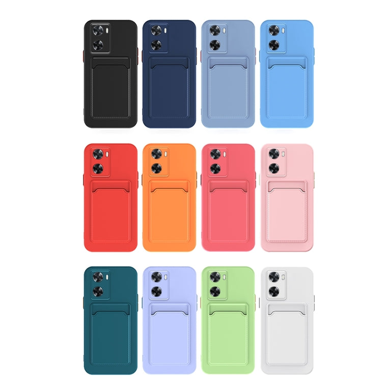Assorted color TPU phone cases with contrast card holder and camera cutouts.