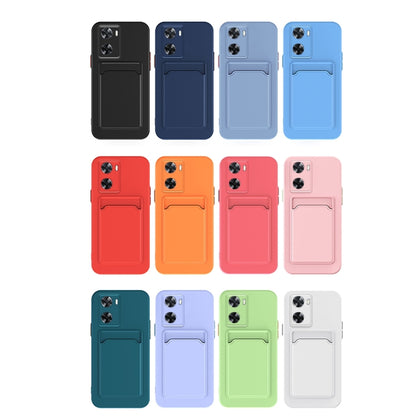 Assorted color TPU phone cases with contrast card holder and camera cutouts.
