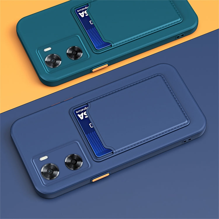 Teal and navy TPU phone cases with contrast card holder and camera cutouts.