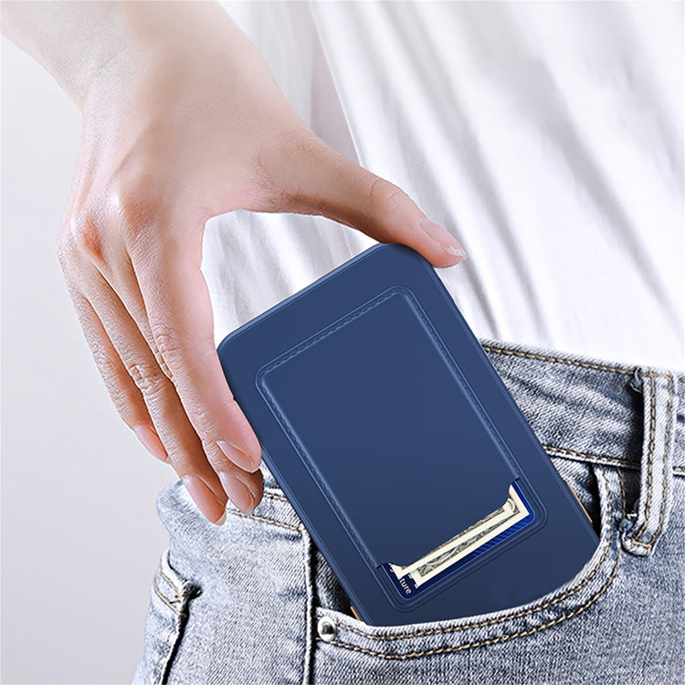 Dark blue TPU phone case with card holder detail and camera cutouts.