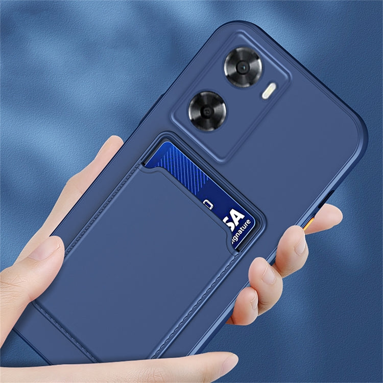 Blue TPU phone case with card holder panel, camera cutouts, and hand grip.