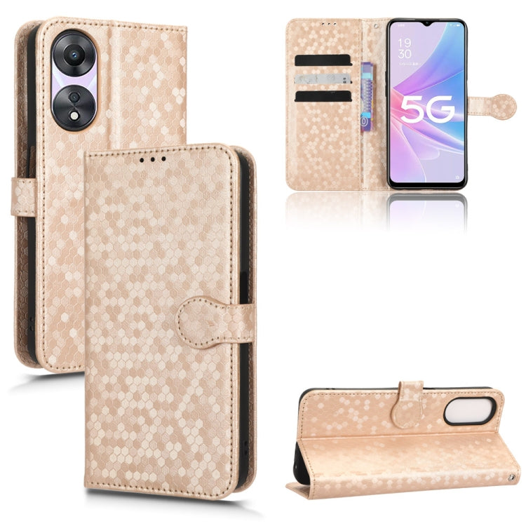 Beige honeycomb dot leather phone case with card slots and magnetic front flap